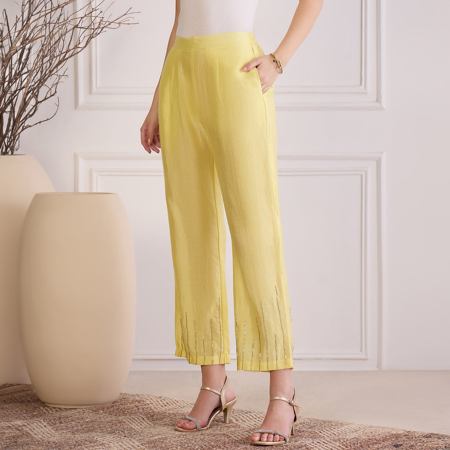 Yellow Hand Embroidered Pants