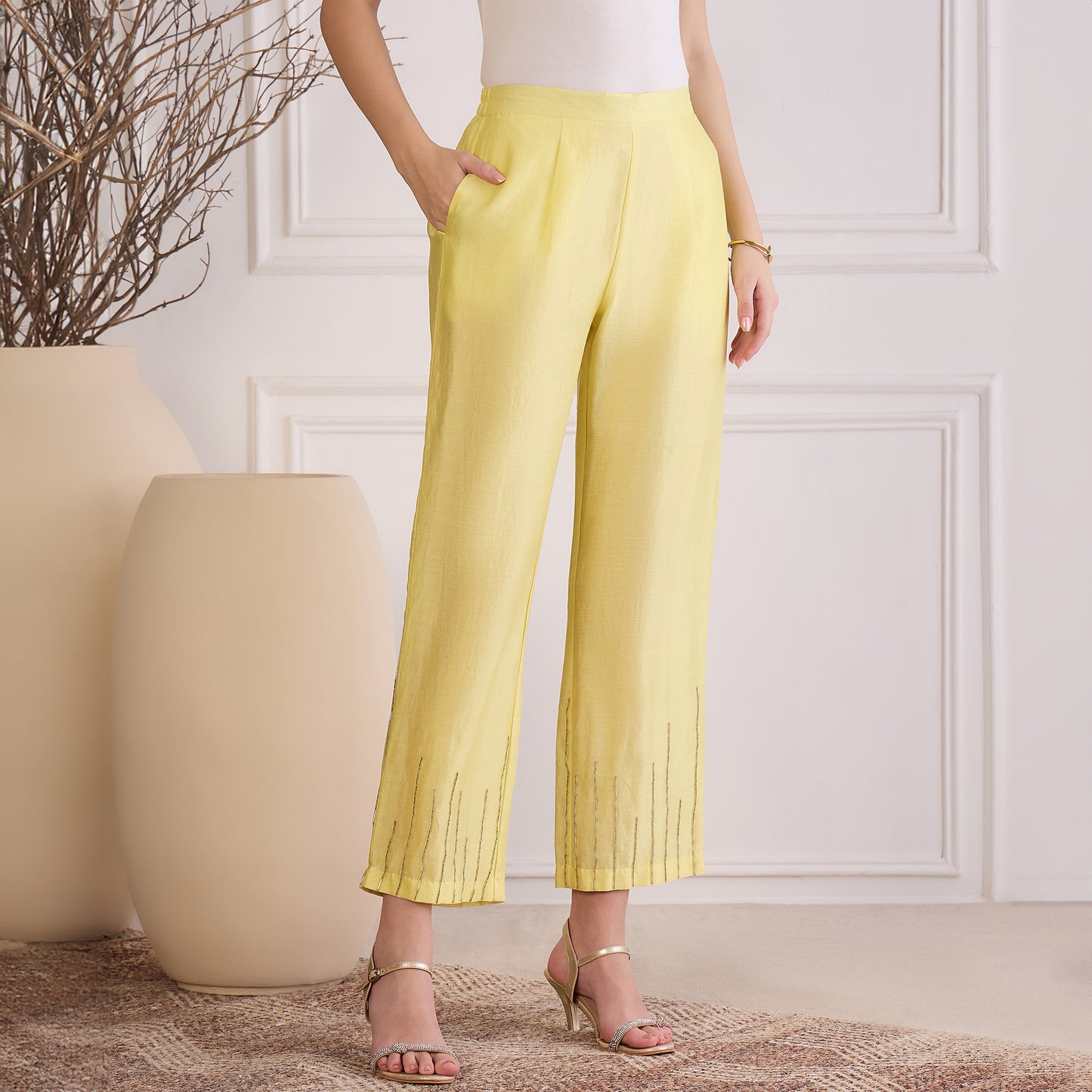 Yellow Hand Embroidered Pants