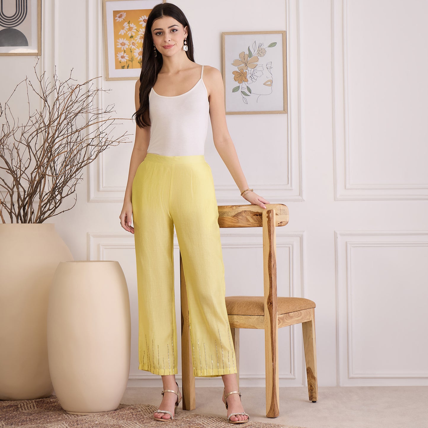 Yellow Hand Embroidered Pants