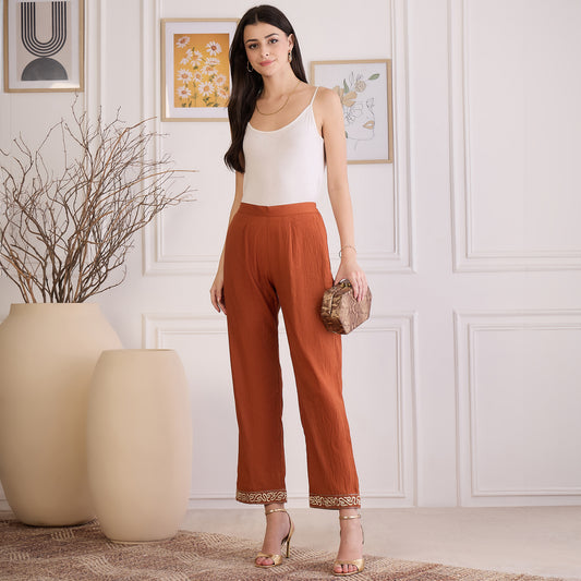 Earthy Brown Hand Embroidered Pants