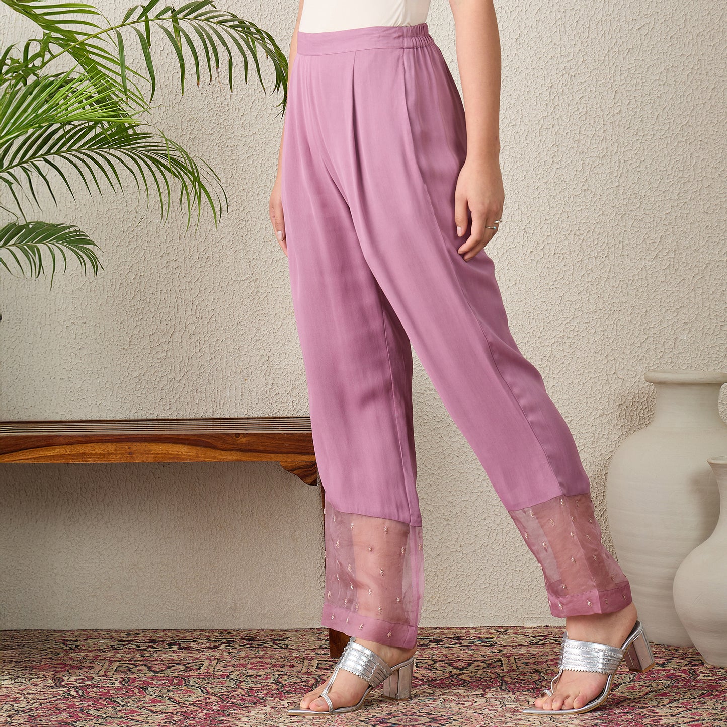 Lavender Straight Pants with Hand Embroidery