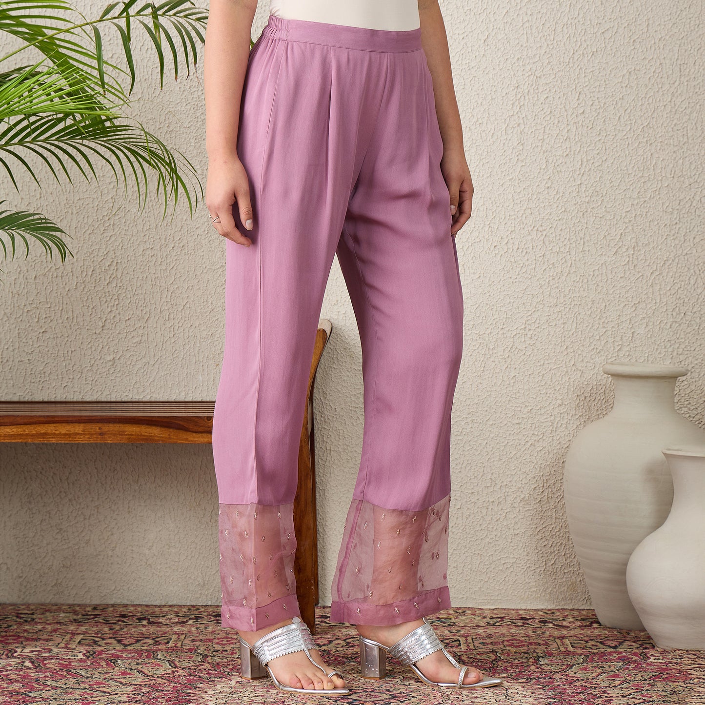 Lavender Straight Pants with Hand Embroidery