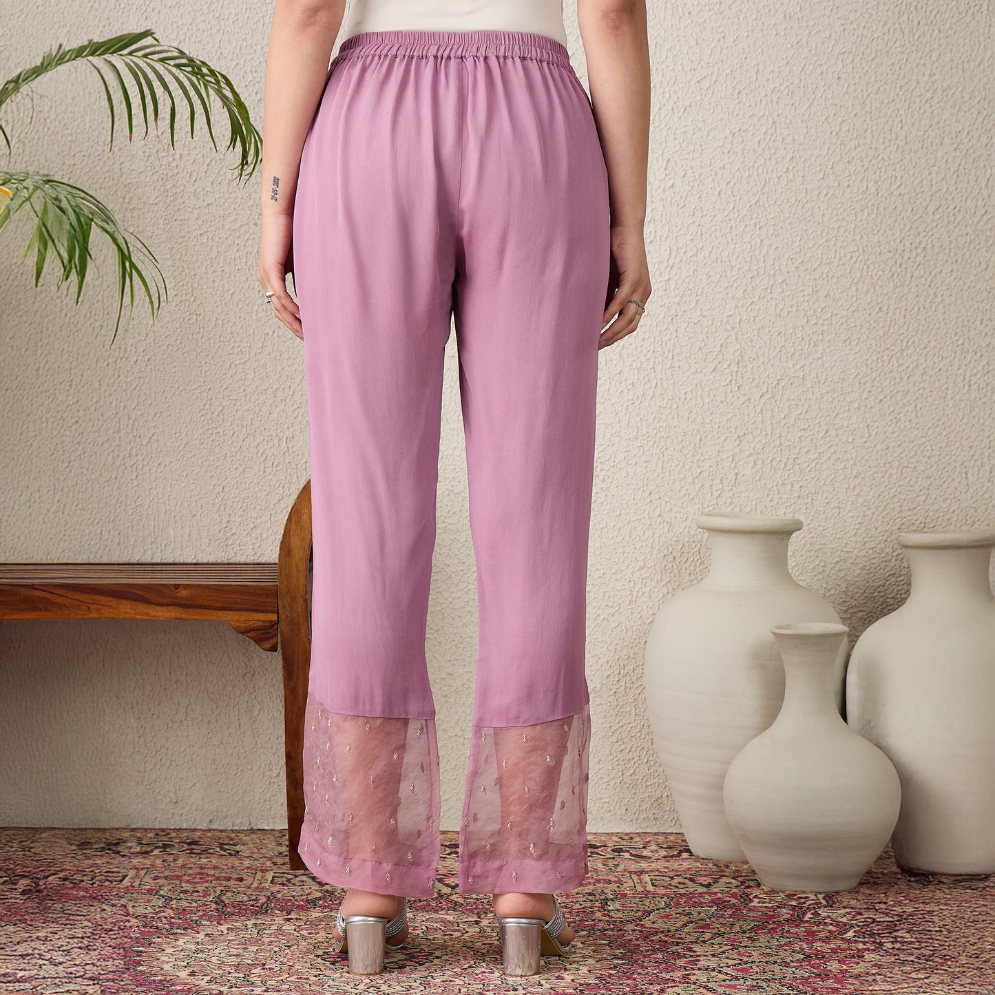 Lavender Straight Pants with Hand Embroidery