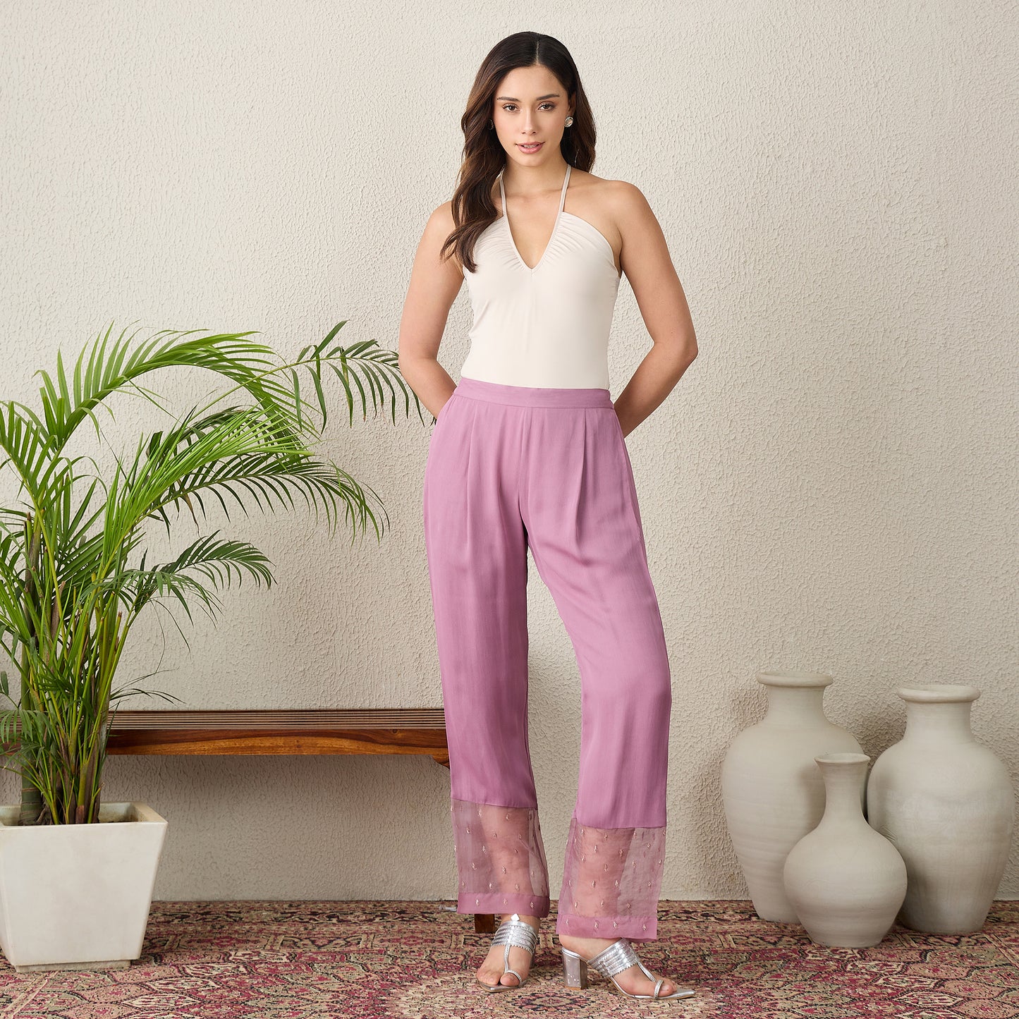 Lavender Straight Pants with Hand Embroidery