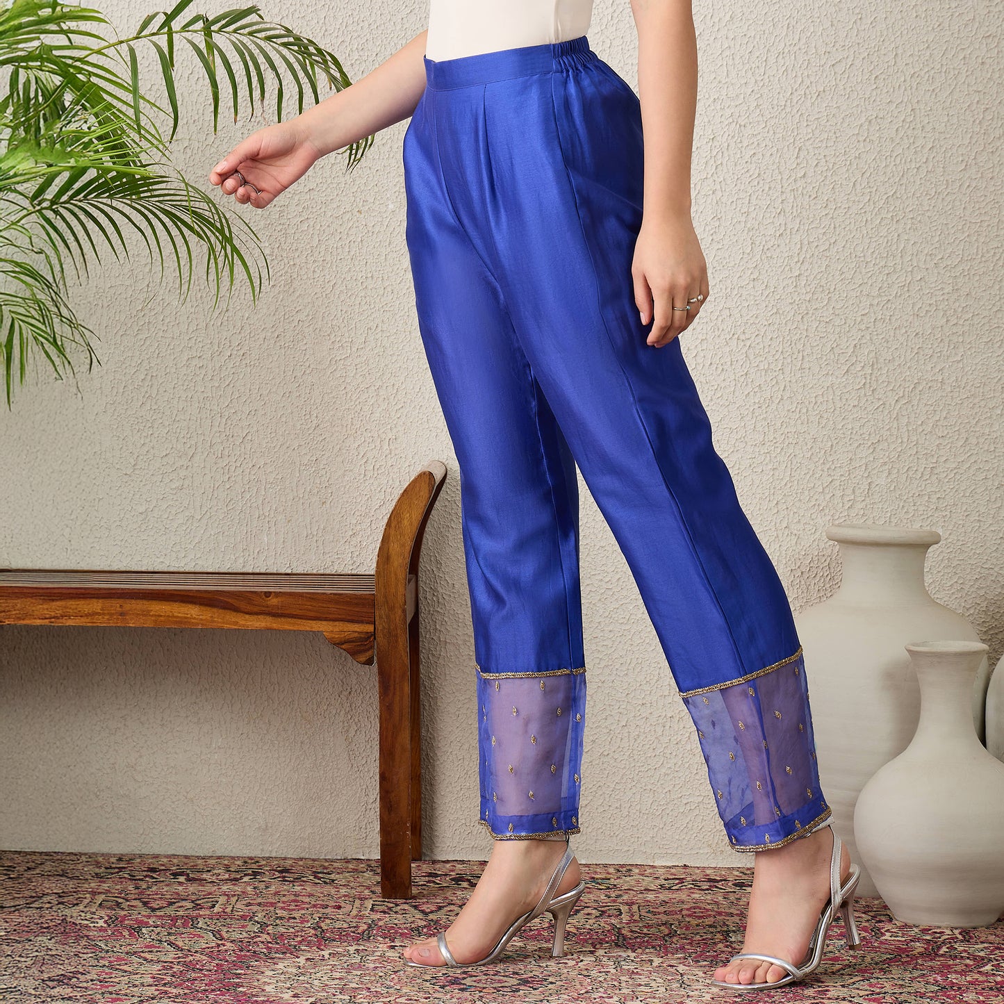 Navy Blue Straight Pants with Hand Embroidery