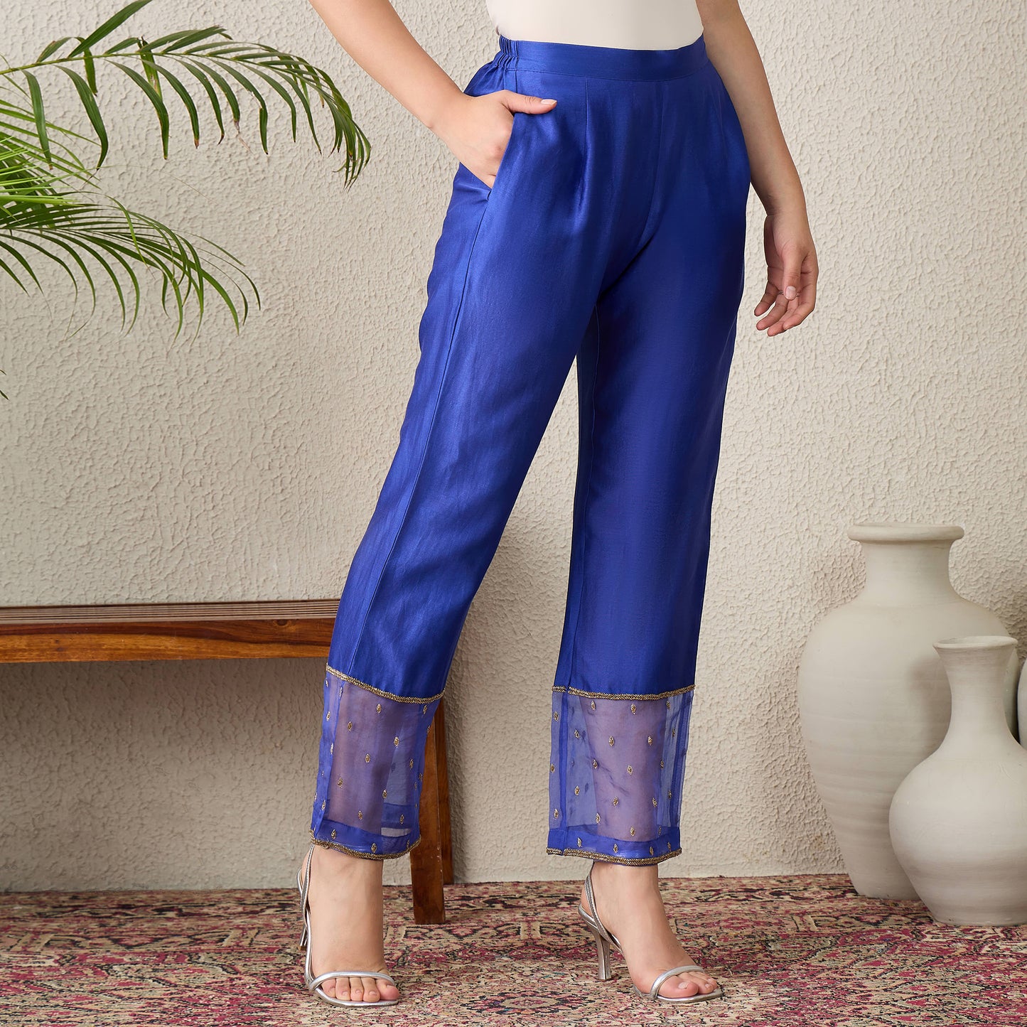 Navy Blue Straight Pants with Hand Embroidery