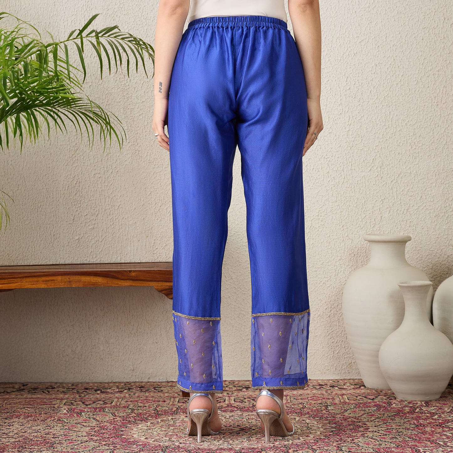 Navy Blue Straight Pants with Hand Embroidery