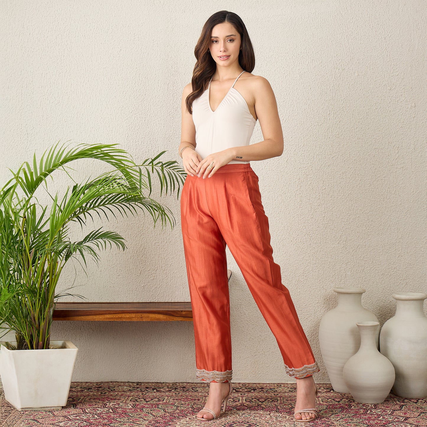 Orange Scallop Straight Pants