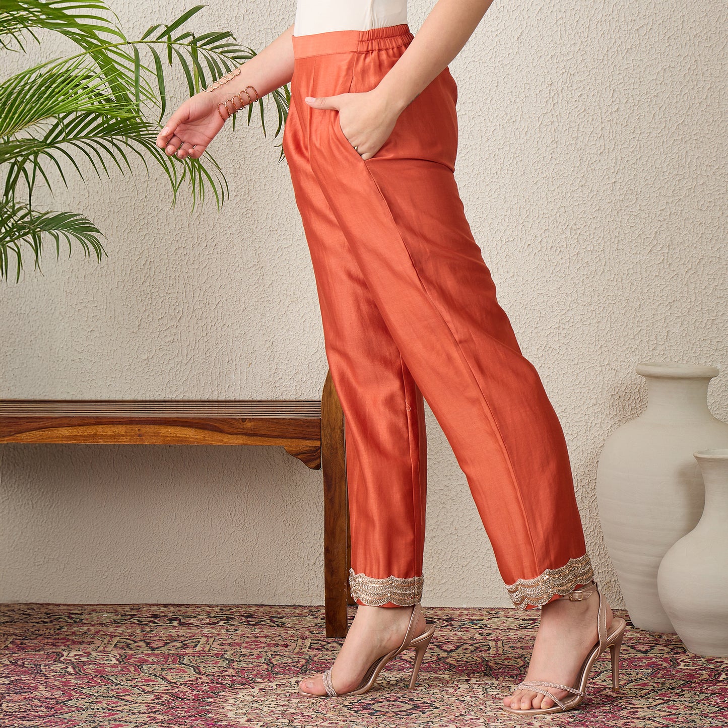 Orange Scallop Straight Pants