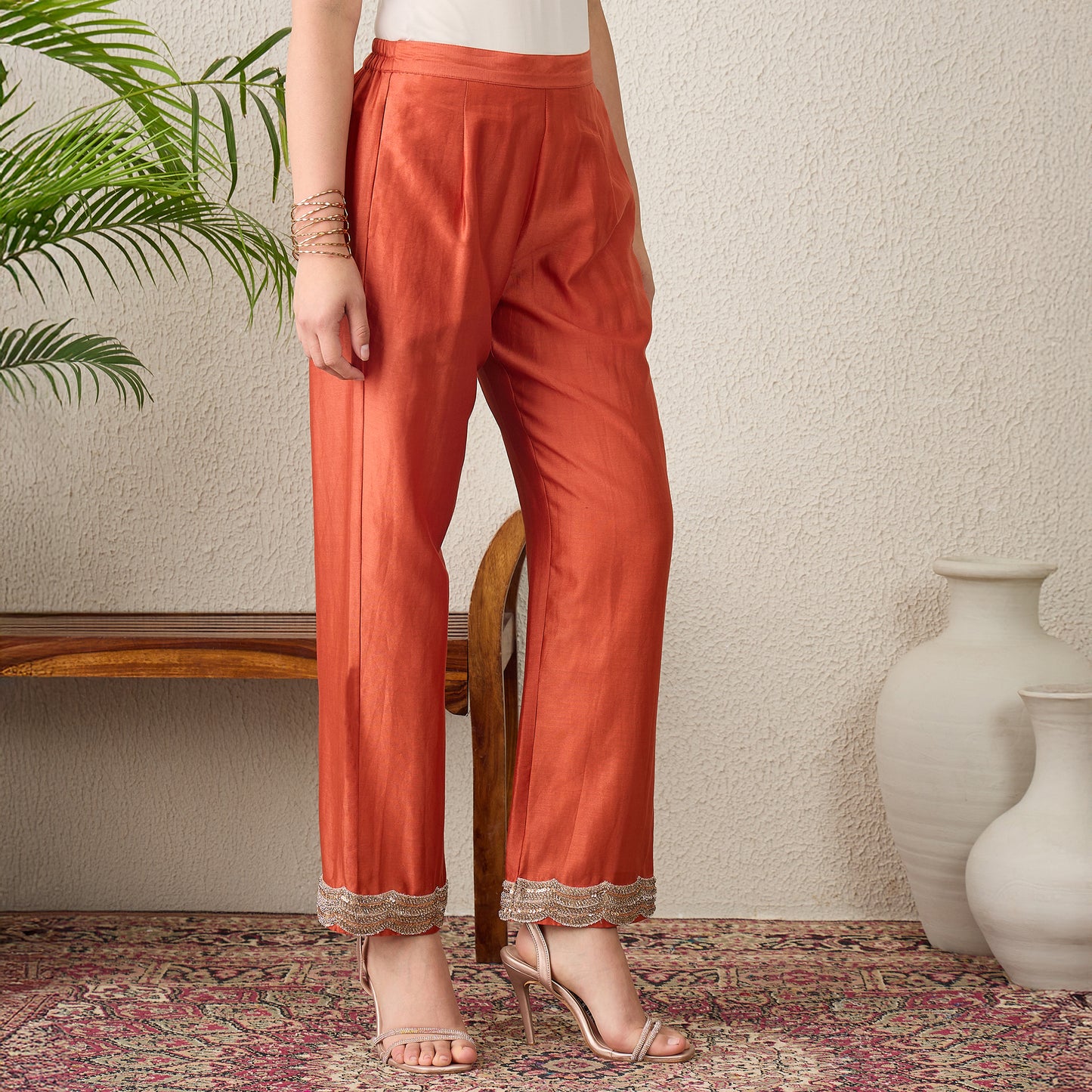 Orange Scallop Straight Pants