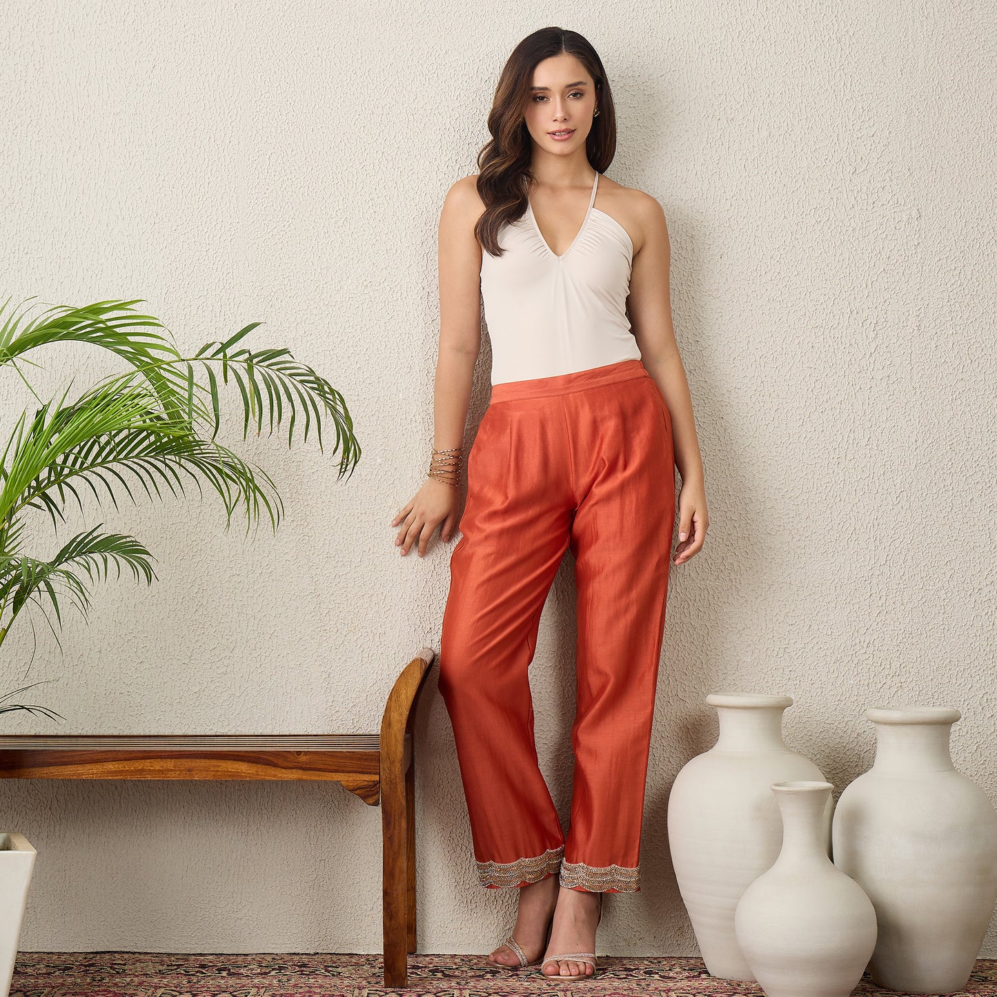 Orange Scallop Straight Pants