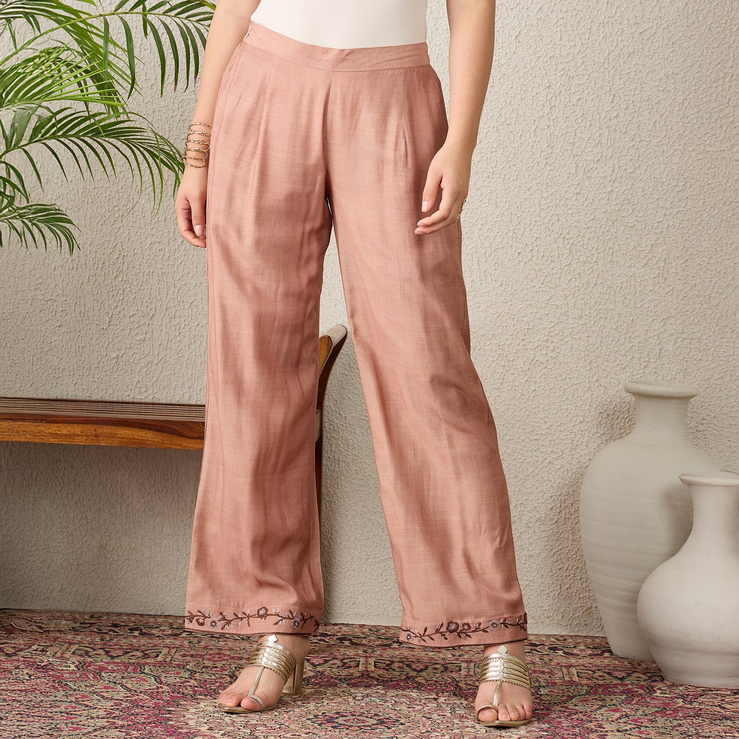 Brown Border Embroidered Pants