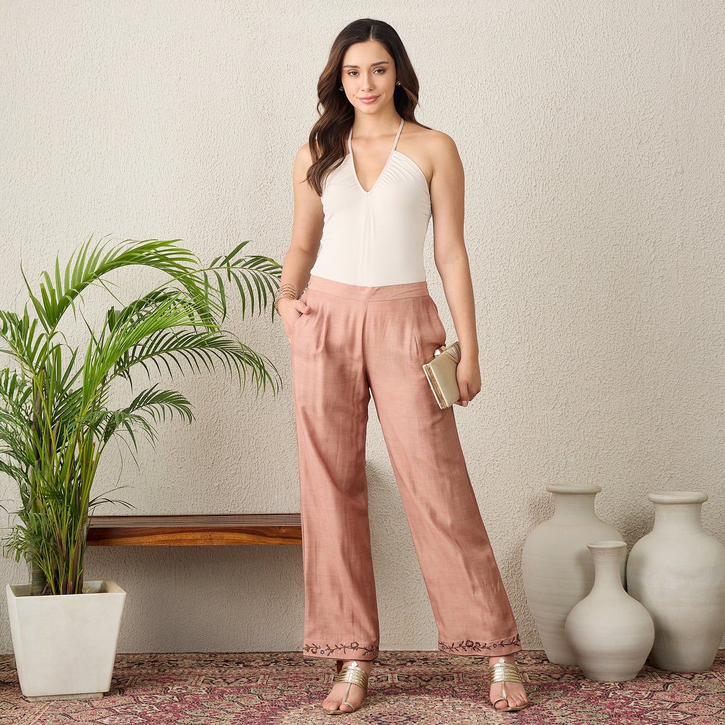 Brown Border Embroidered Pants