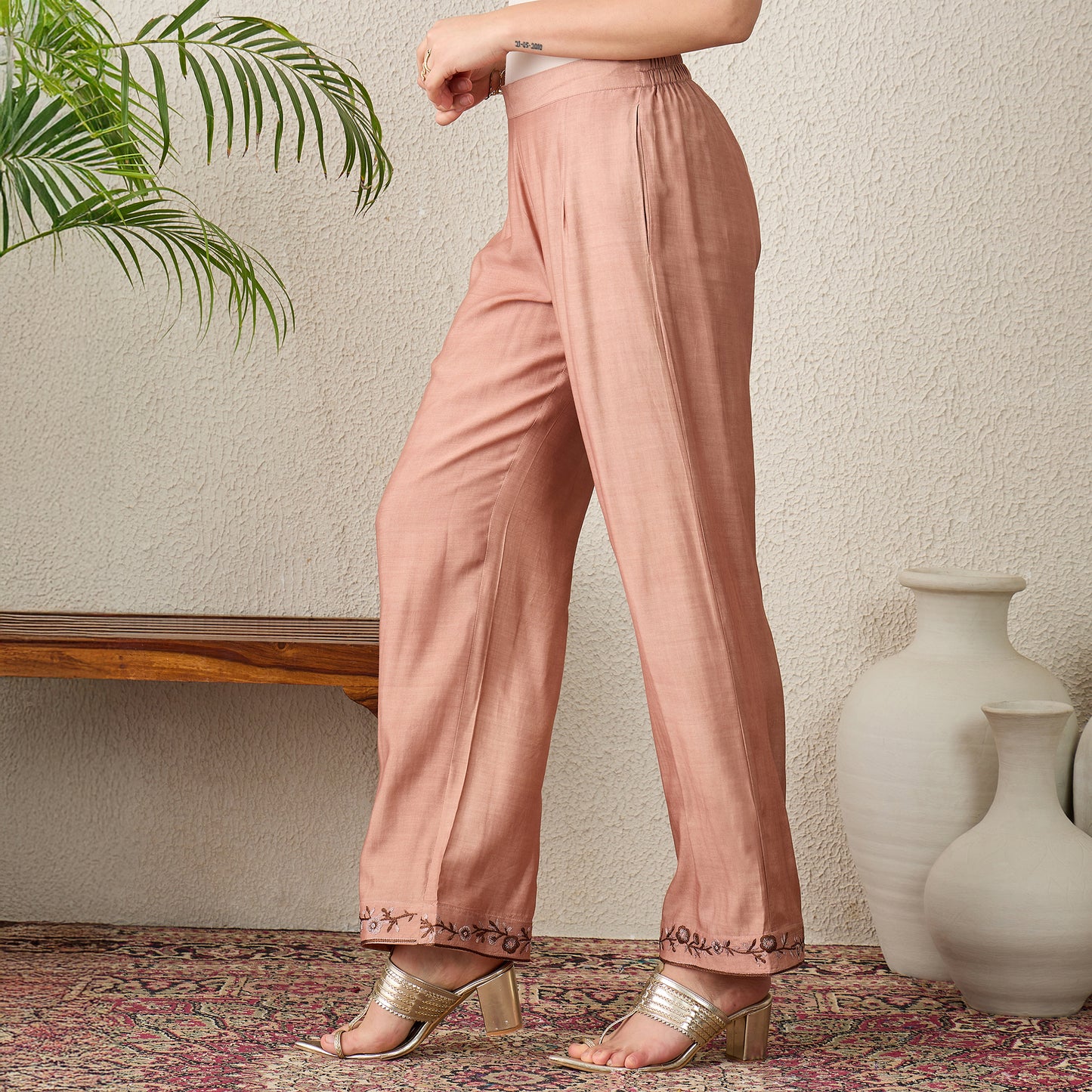 Brown Border Embroidered Pants