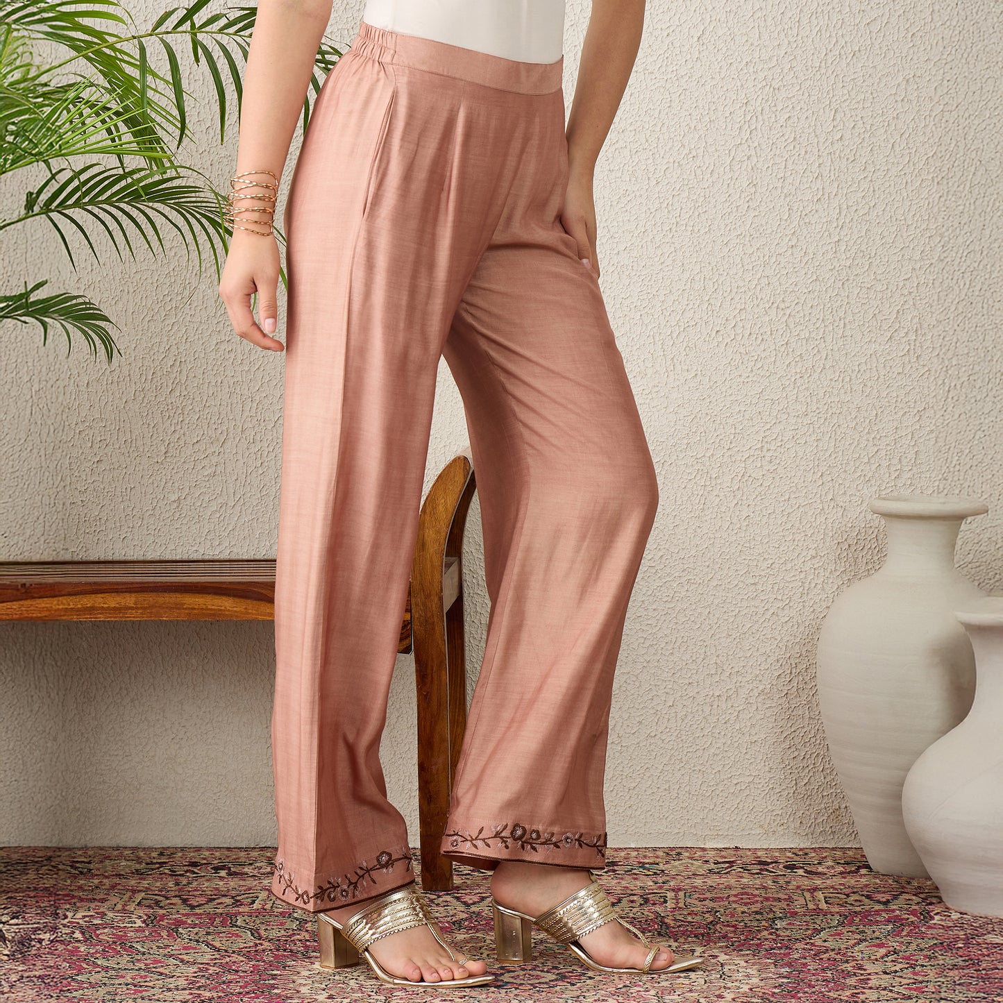 Brown Border Embroidered Pants
