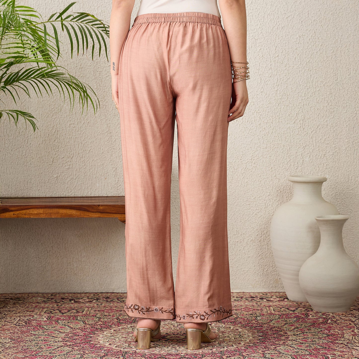 Brown Border Embroidered Pants