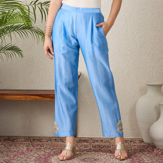 Sky Blue Straight Pants with Side Embroidery