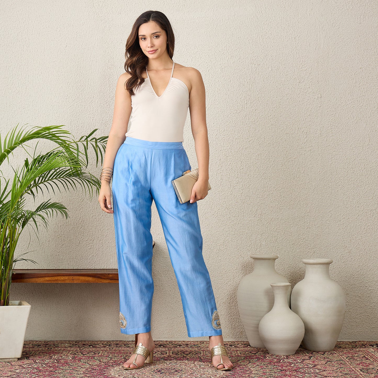 Sky Blue Straight Pants with Side Embroidery