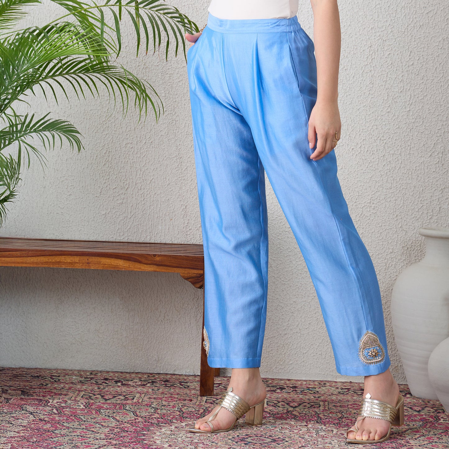 Sky Blue Straight Pants with Side Embroidery