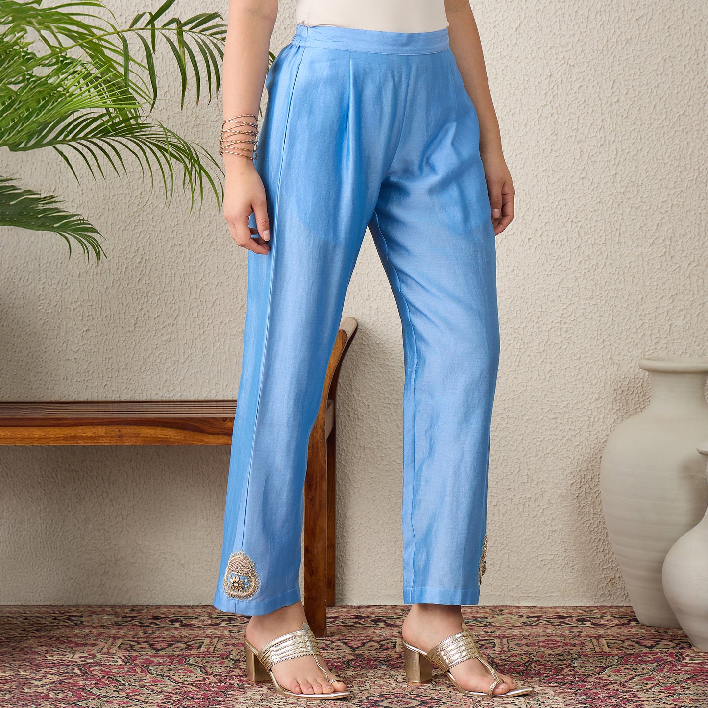 Sky Blue Straight Pants with Side Embroidery