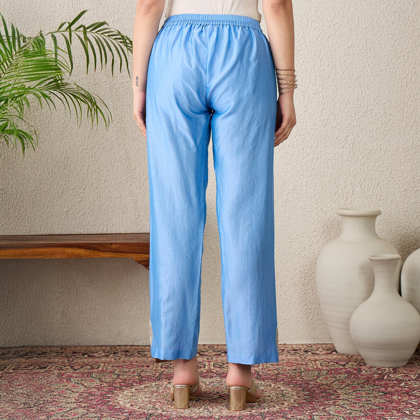 Sky Blue Straight Pants with Side Embroidery