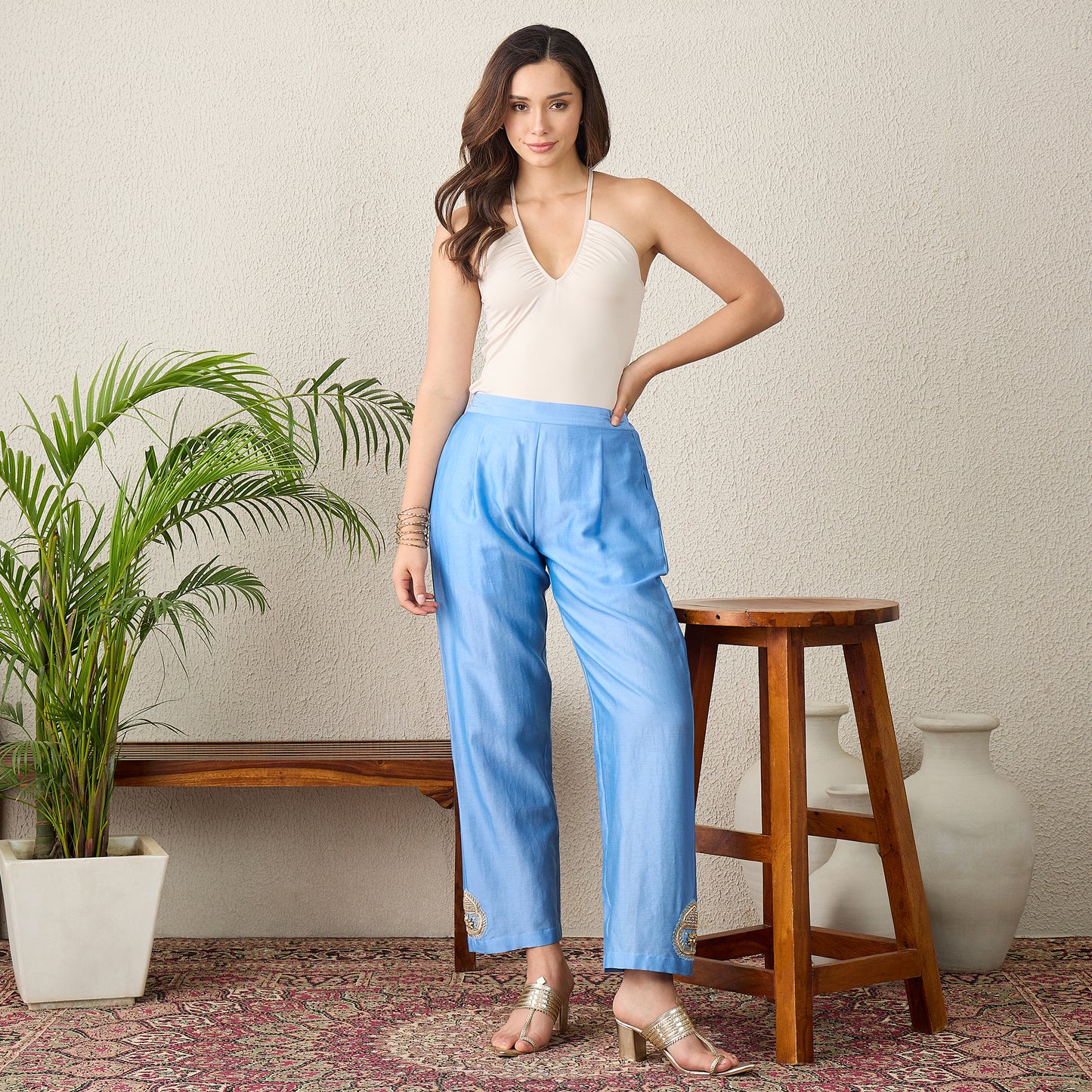 Sky Blue Straight Pants with Side Embroidery