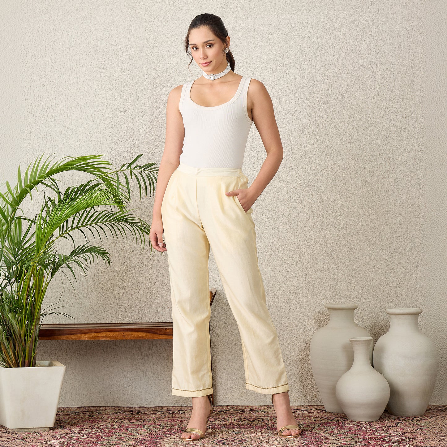 Cream Straight Pants with Golden Embroidery