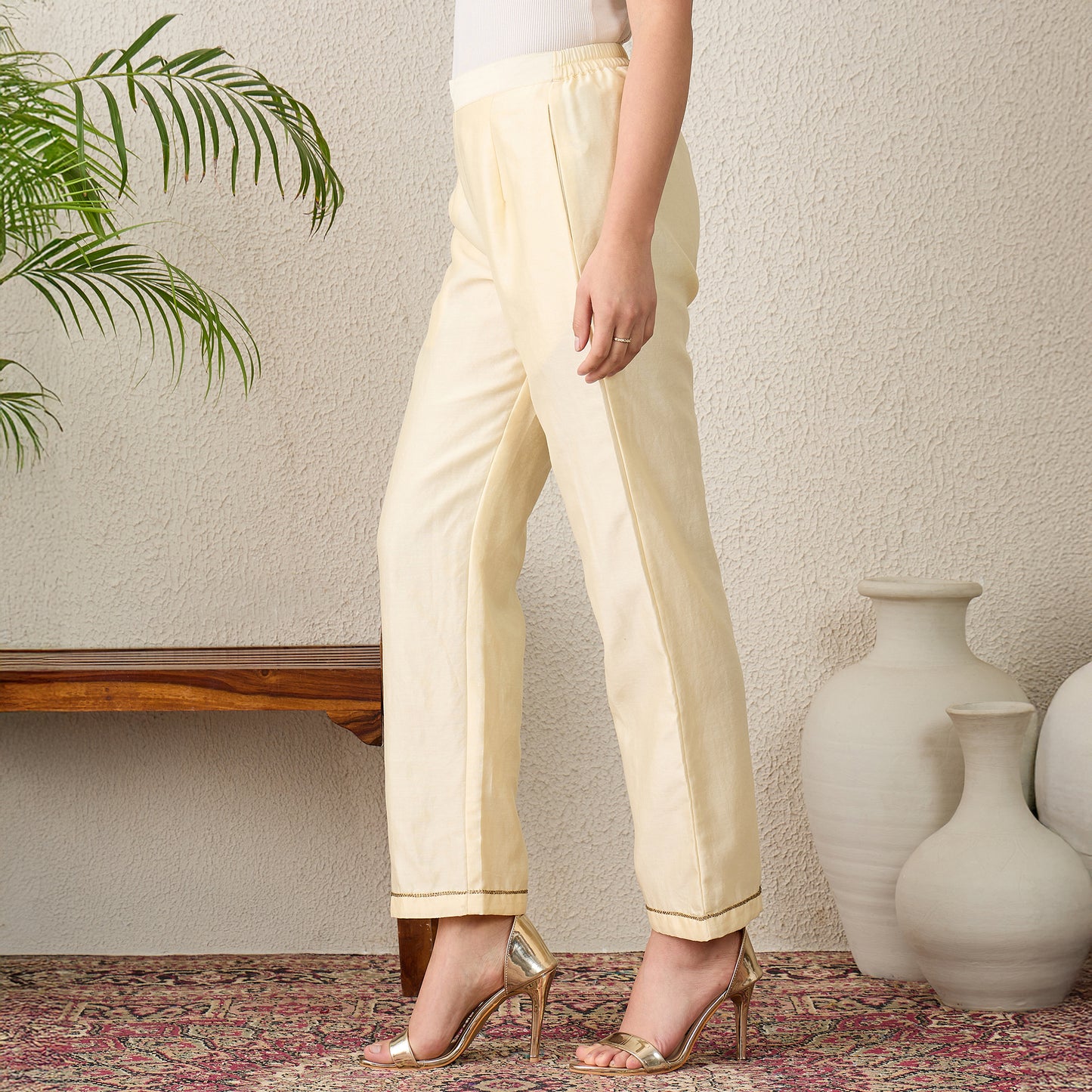 Cream Straight Pants with Golden Embroidery