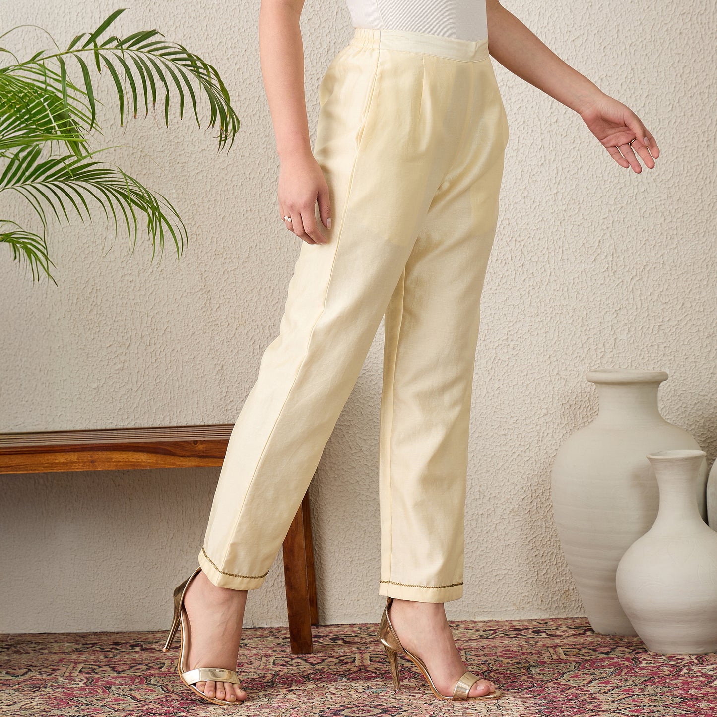 Cream Straight Pants with Golden Embroidery
