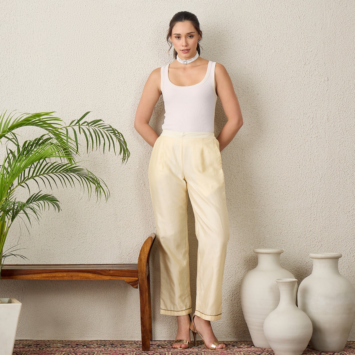 Cream Straight Pants with Golden Embroidery