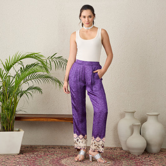 Purple Printed Embellished Pants