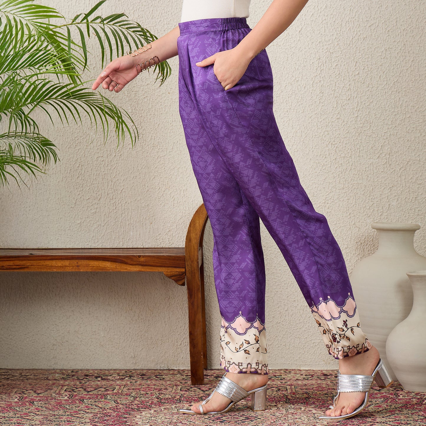 Purple Printed Embellished Pants