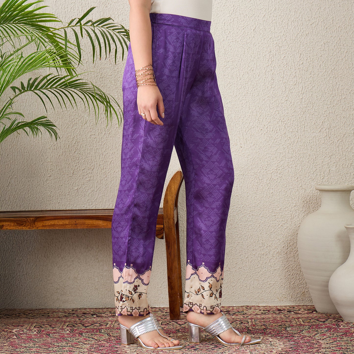 Purple Printed Embellished Pants