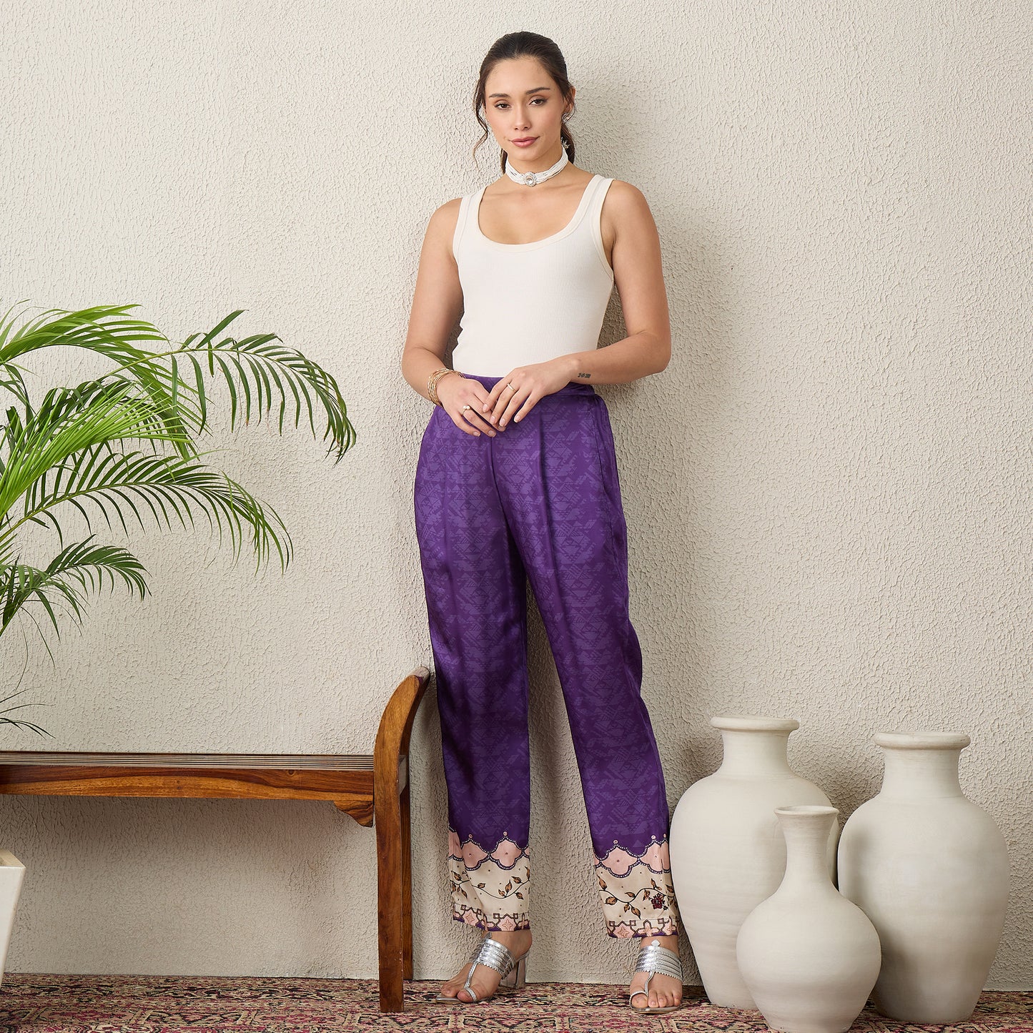 Purple Printed Embellished Pants