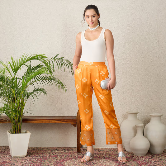 Orange Boota Print Hand Embroidered Pants