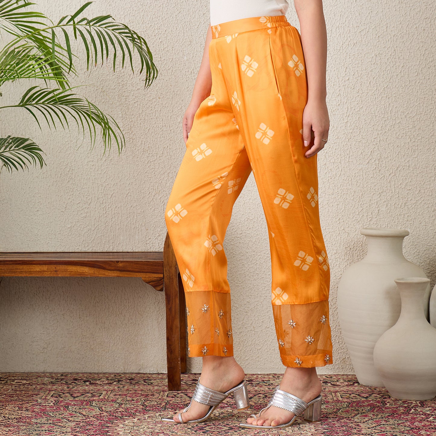Orange Boota Print Hand Embroidered Pants