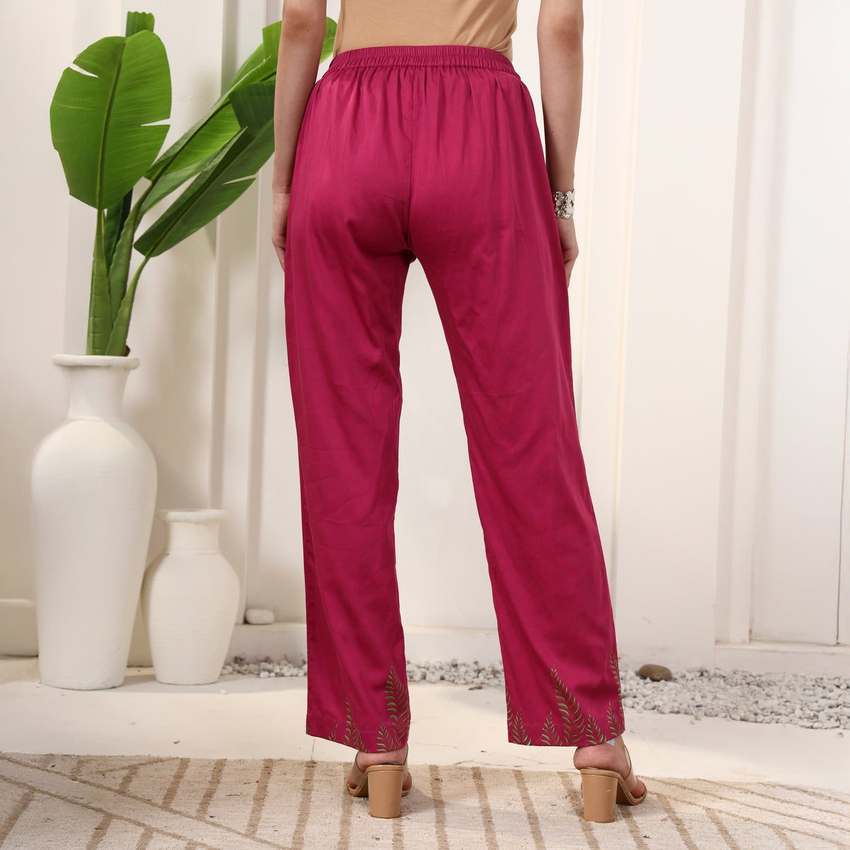 Pink Floral Print Pants for Women – Cotton Satin – Model View | First Resort by Ramola Bachchan