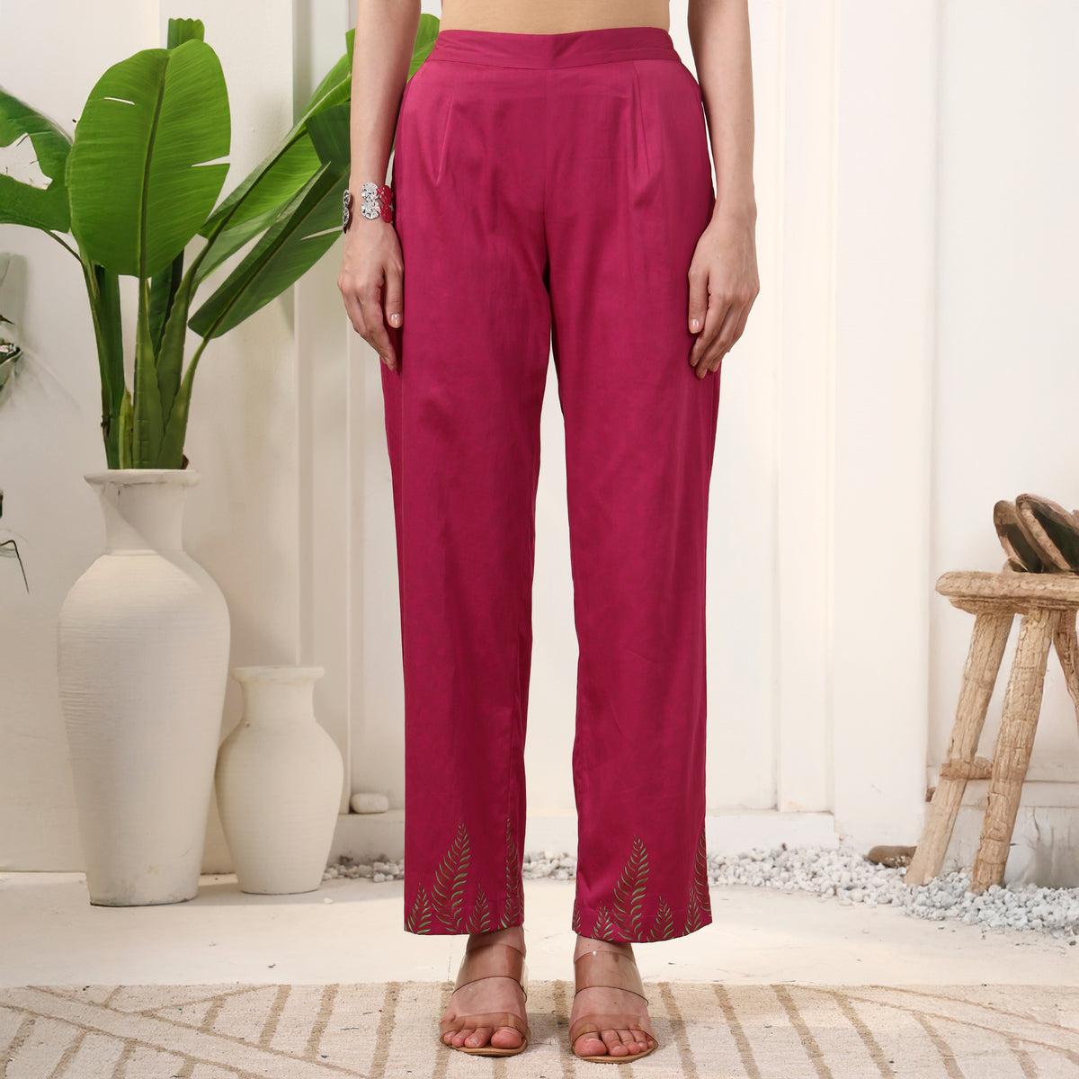 Pink Floral Print Pants for Women – Cotton Satin – Side View | First Resort by Ramola Bachchan