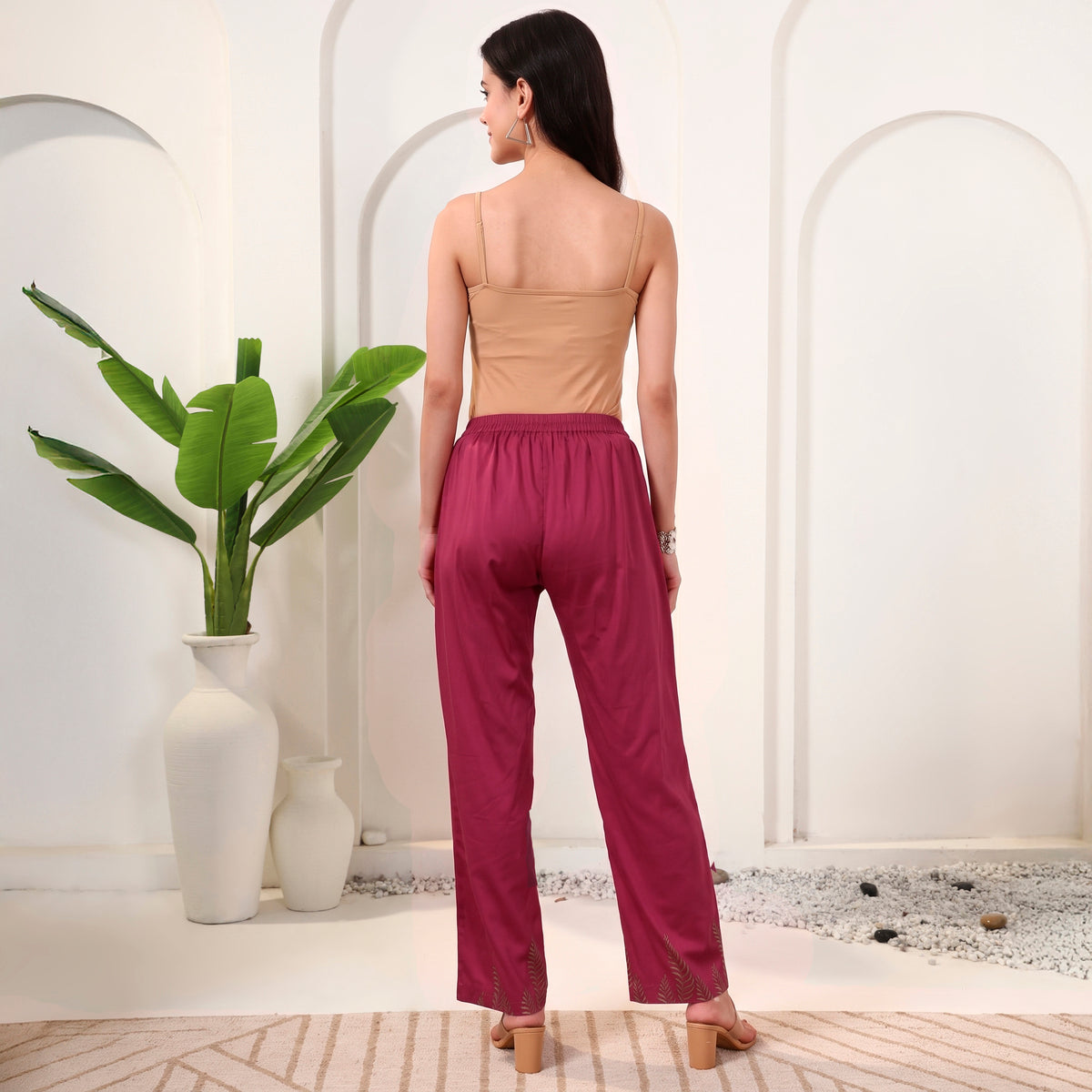Pink Floral Print Pants for Women – Cotton Satin – Back View | First Resort by Ramola Bachchan
