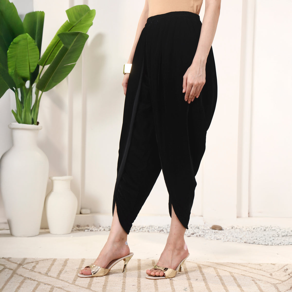 Black Pants for Women – Silk Velvet – Model View | First Resort by Ramola Bachchan