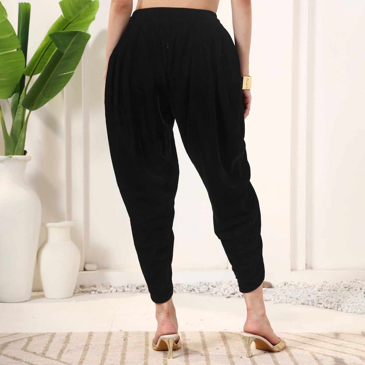 Black Pants for Women – Silk Velvet – Side View | First Resort by Ramola Bachchan