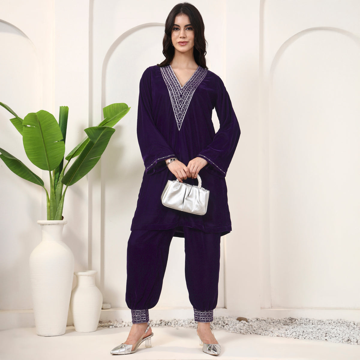 Purple Pants for Women – Silk Velvet – Front View | First Resort by Ramola Bachchan