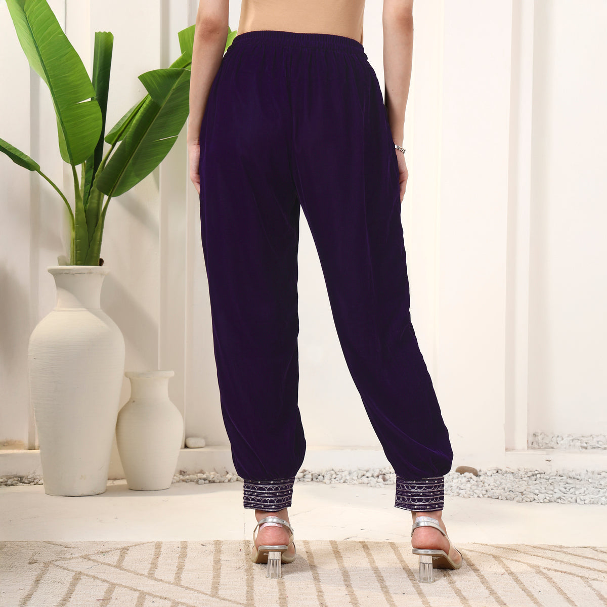 Purple Pants for Women – Silk Velvet – Side View | First Resort by Ramola Bachchan
