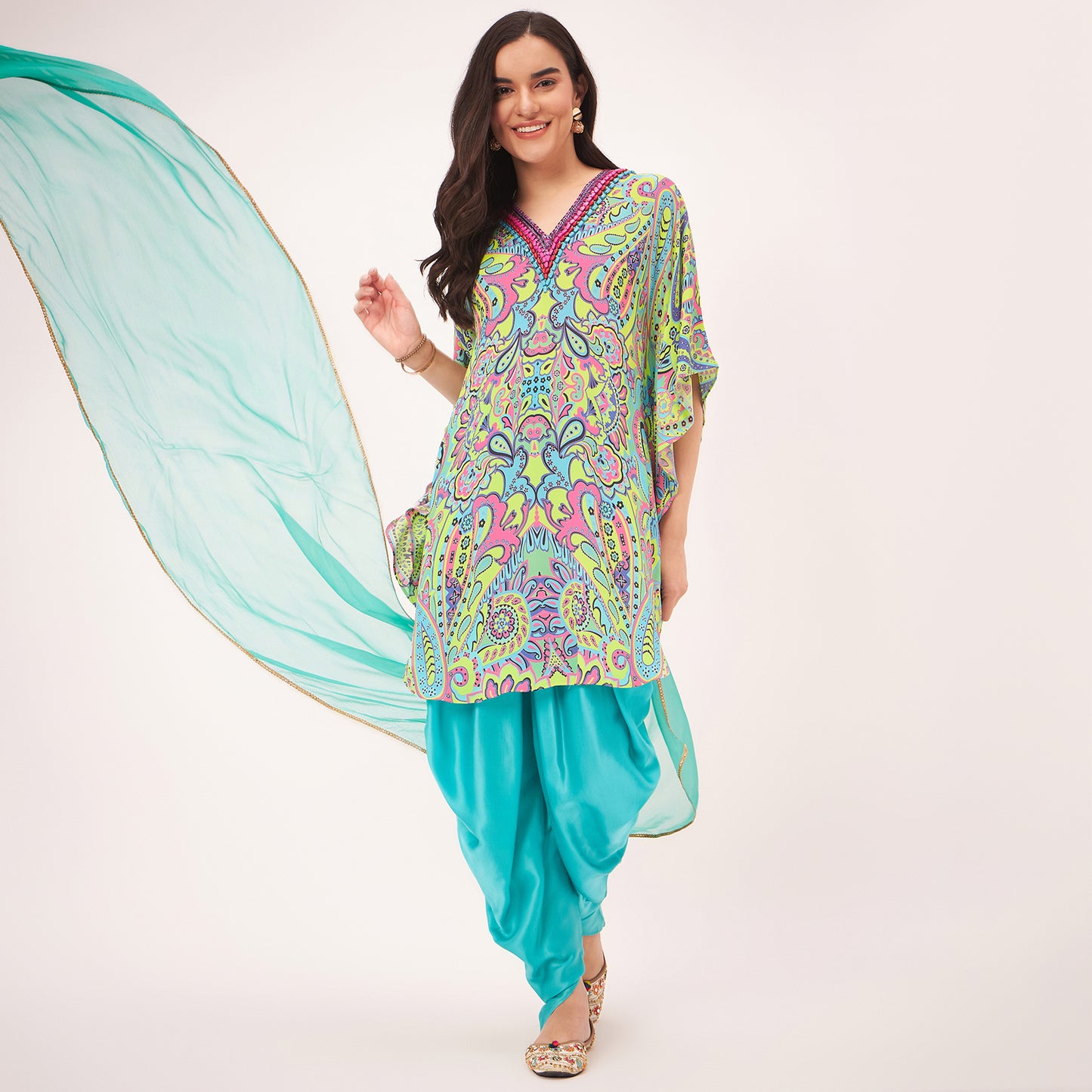 Lime Green and Pink Paisley Tunic with Tulip Pants and Dupatta Set