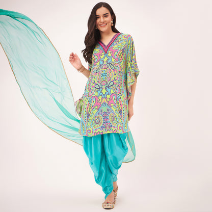 Lime Green and Pink Paisley Tunic with Tulip Pants and Dupatta Set