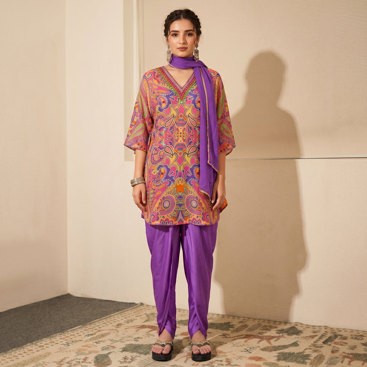 Rose Pink And Yellow Paisley Print Set for Women – Embroidered | First Resort by Ramola Bachchan