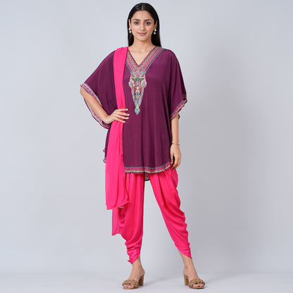 Wine Silk Embellished Tunic with Dhoti Pants and Dupatta Set