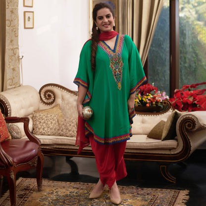 Green Embellished Tunic with Dhoti Pants and Dupatta Set
