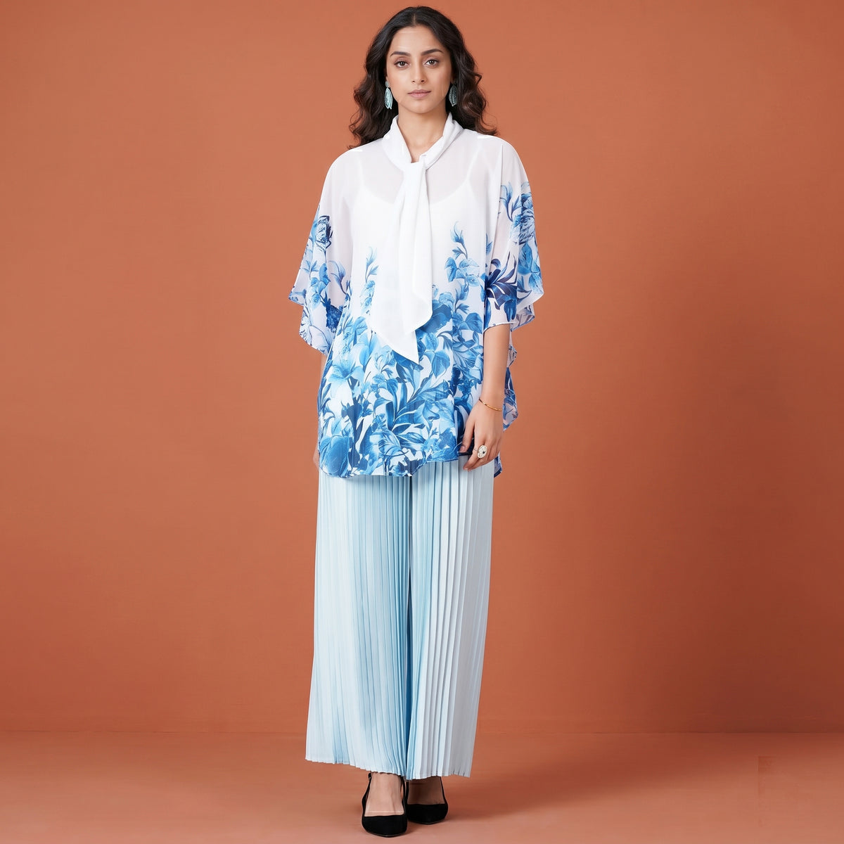 Blue Floral Print Top Set for Women – Polyester Georgette | First Resort by Ramola Bachchan