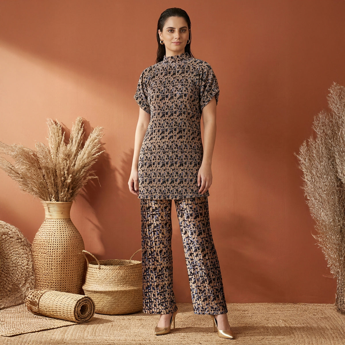 Beige Animal Print Set for Women – Polyester Satin | First Resort by Ramola Bachchan